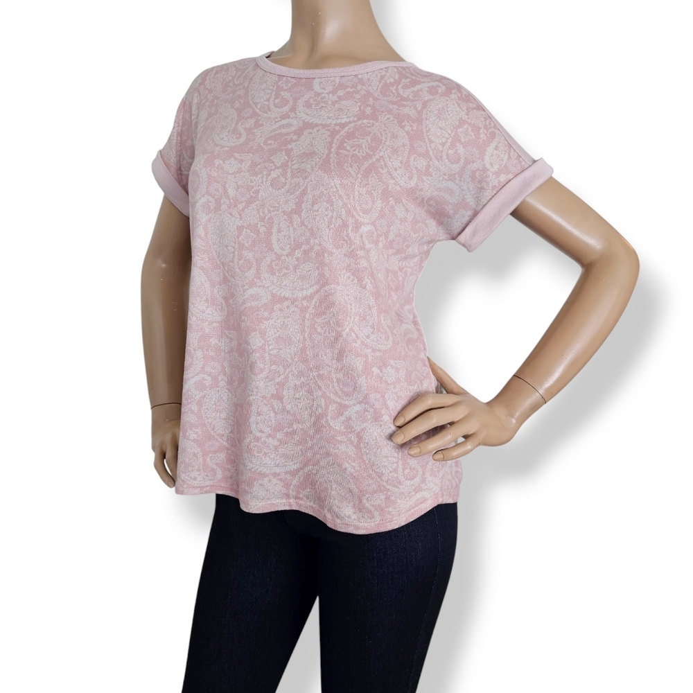 Lucky Brand Pink & White Paisley Print Rolled Sleeve Top
